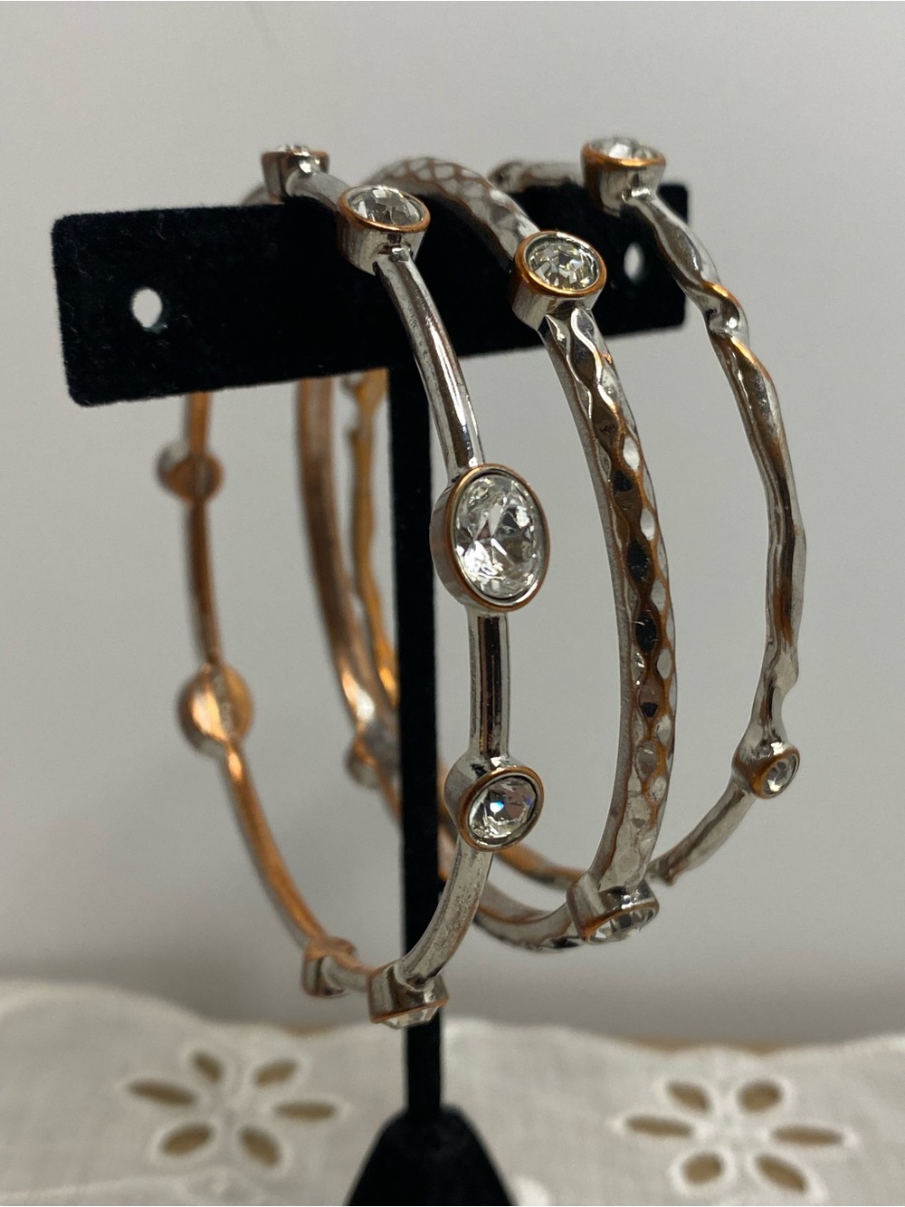 Graziano Set Of 3 Bangle Bracelets Signed Silver Gold Tone Crystal Rhinestones
